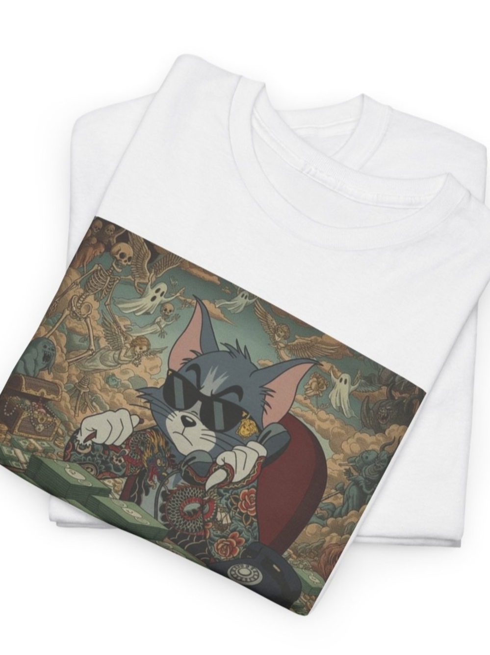 Short-Sleeve Tee with Cartoon Cat Money Graphic - Picture 4 of 5